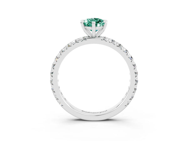 Silver Pear Cut Green Sapphire Pavé Solitaire Ring with Round Band and Prong Setting