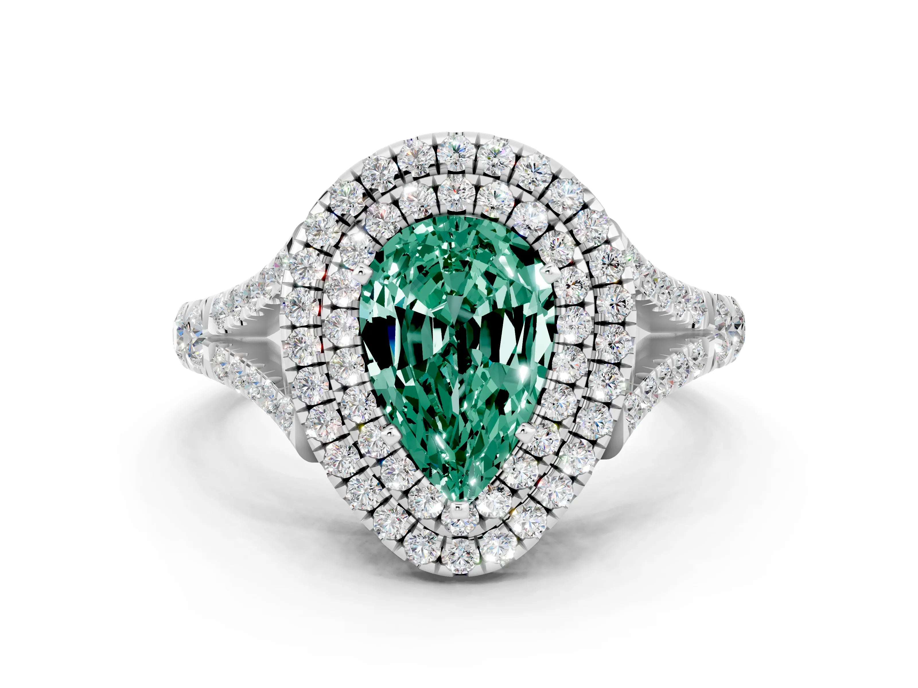 White gold Pear Cut Green Sapphire Pavé Split Shank Double Halo Engagement Ring