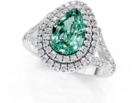 White gold Pear Cut Green Sapphire Pavé Split Shank Double Halo Engagement Ring_1