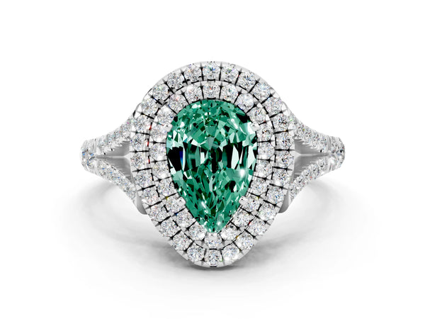 Silver Pear Cut Green Sapphire Pavé Split Shank Double Halo Engagement Ring