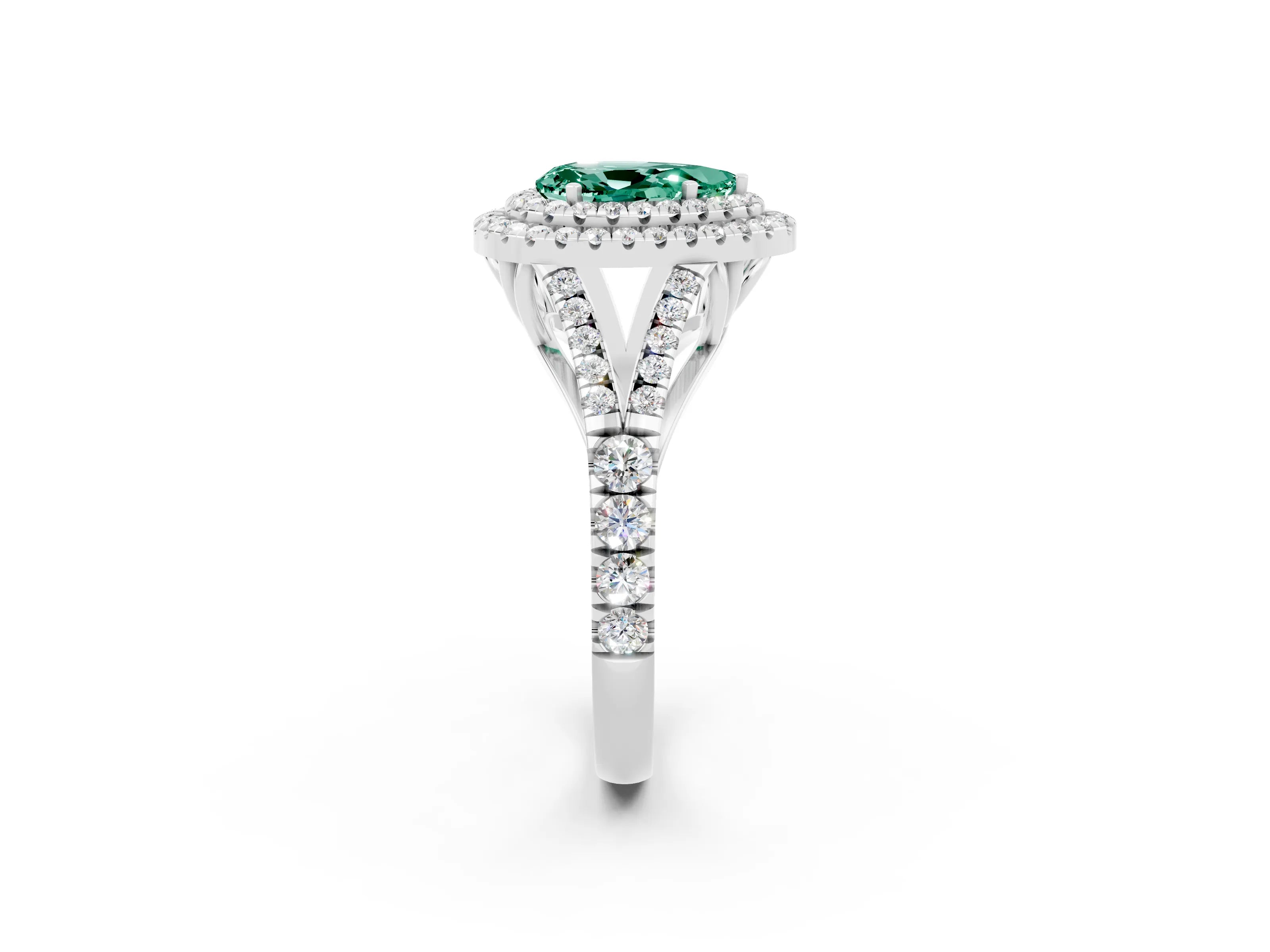 White gold Pear Cut Green Sapphire Pavé Split Shank Double Halo Engagement Ring_2