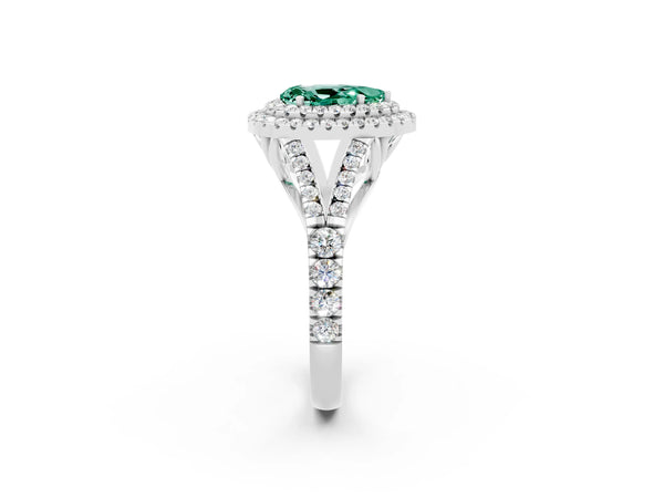White gold Pear Cut Green Sapphire Pavé Split Shank Double Halo Engagement Ring
