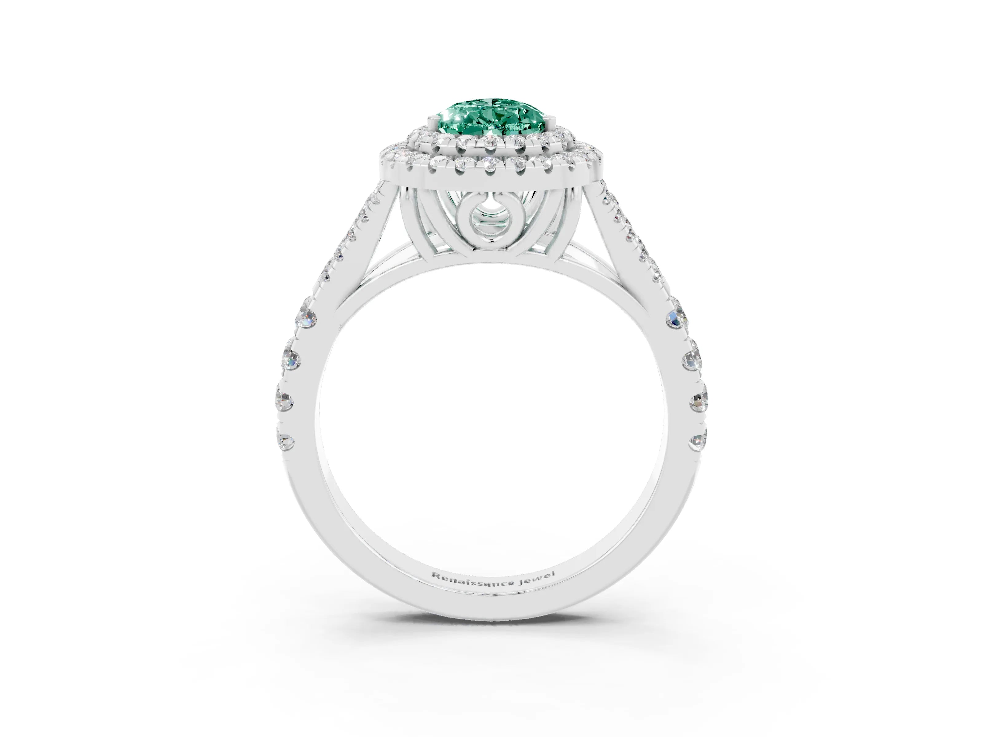White gold Pear Cut Green Sapphire Pavé Split Shank Double Halo Engagement Ring_3