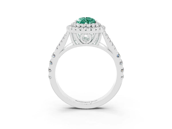 Silver Pear Cut Green Sapphire Pavé Split Shank Double Halo Engagement Ring