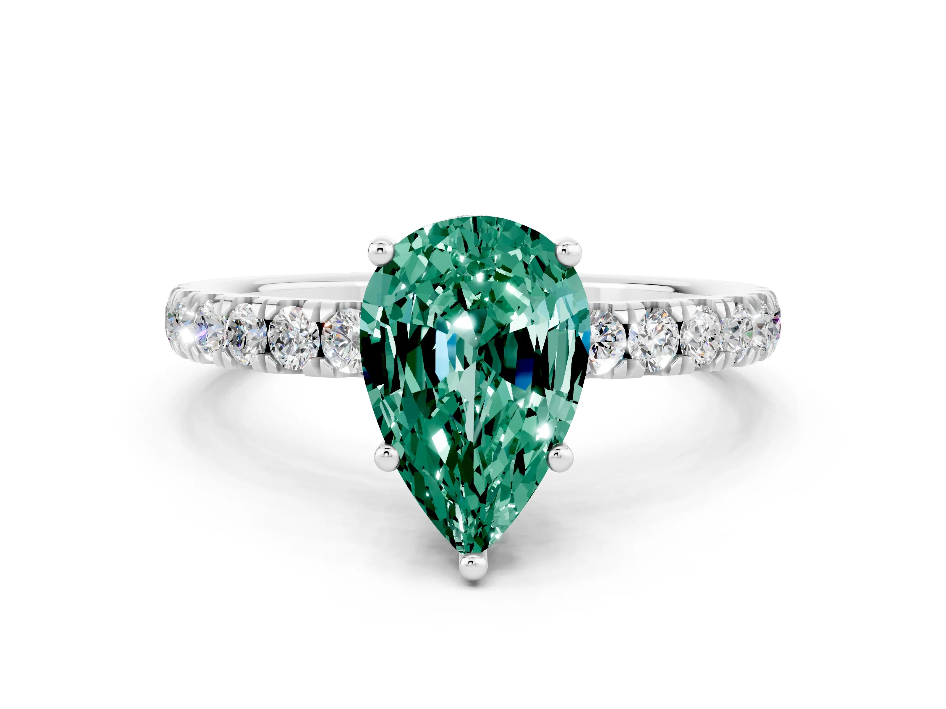 White gold Pear Cut Green Sapphire Pave Band Solitaire Ring with Four-Prong Setting_12