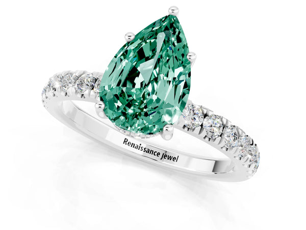 Platinum Pear Cut Green Sapphire Pave Band Solitaire Ring with Round  and Prong Setting