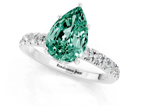White gold Pear Cut Green Sapphire Pave Band Solitaire Ring with Four-Prong Setting_13