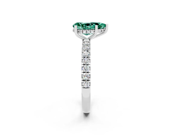 Platinum Pear Cut Green Sapphire Pave Band Solitaire Ring with Round  and Prong Setting