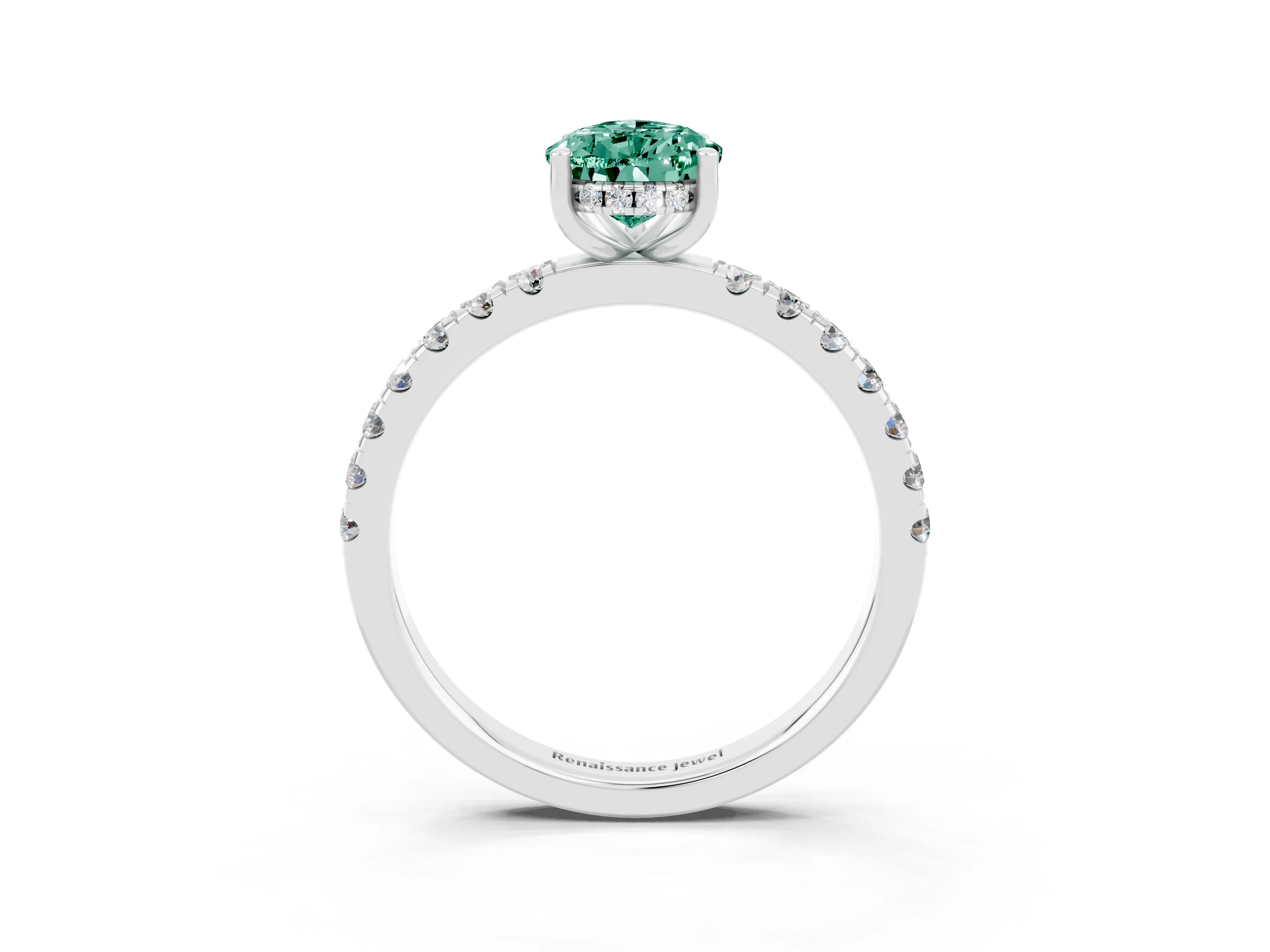 White gold Pear Cut Green Sapphire Pave Band Solitaire Ring with Four-Prong Setting_15