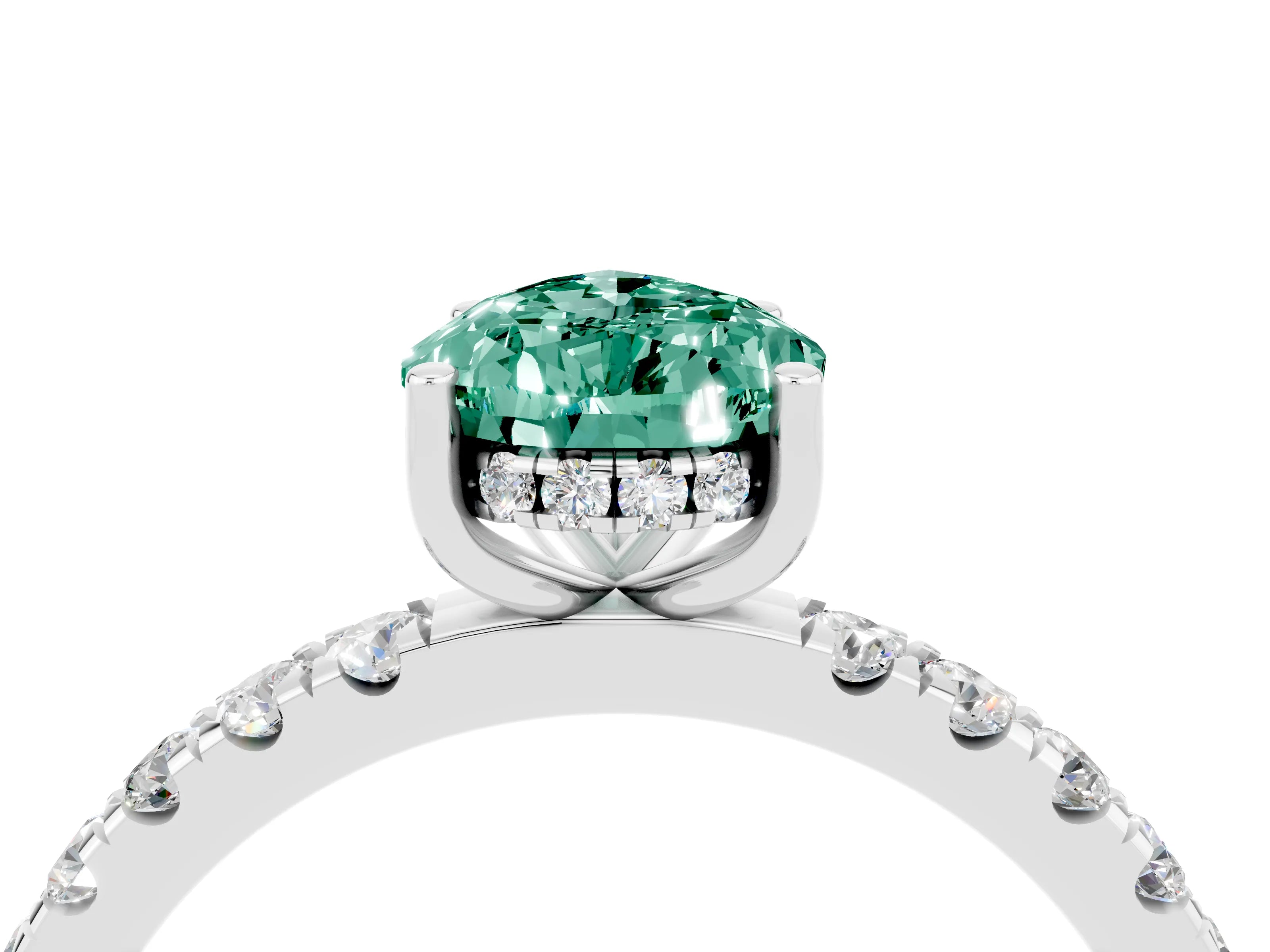 White gold Pear Cut Green Sapphire Pave Band Solitaire Ring with Four-Prong Setting_16