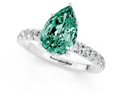 White gold Pear Cut Green Sapphire Pave Band Solitaire Ring with Four-Prong Setting_1