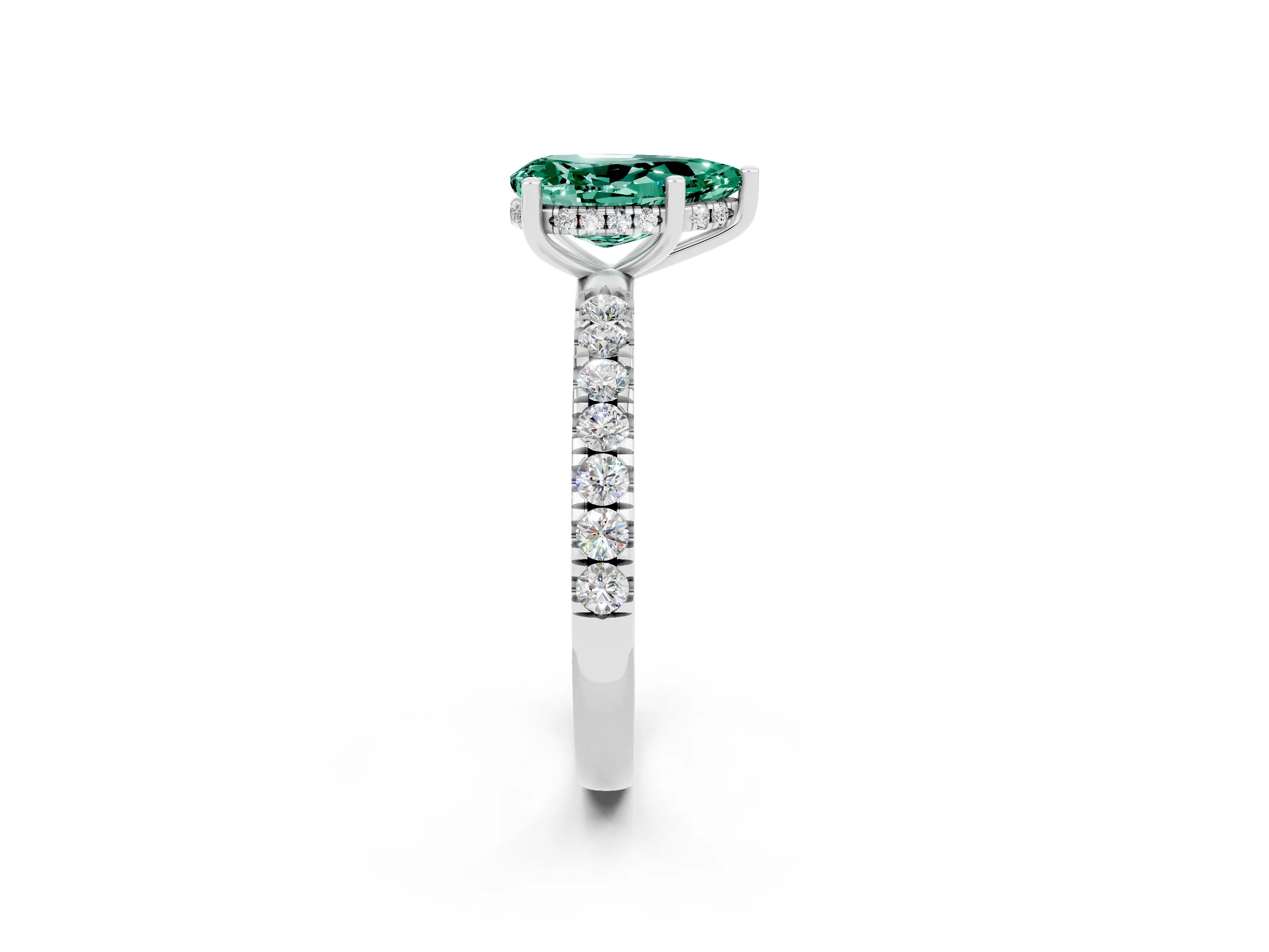 White gold Pear Cut Green Sapphire Pave Band Solitaire Ring with Four-Prong Setting_2