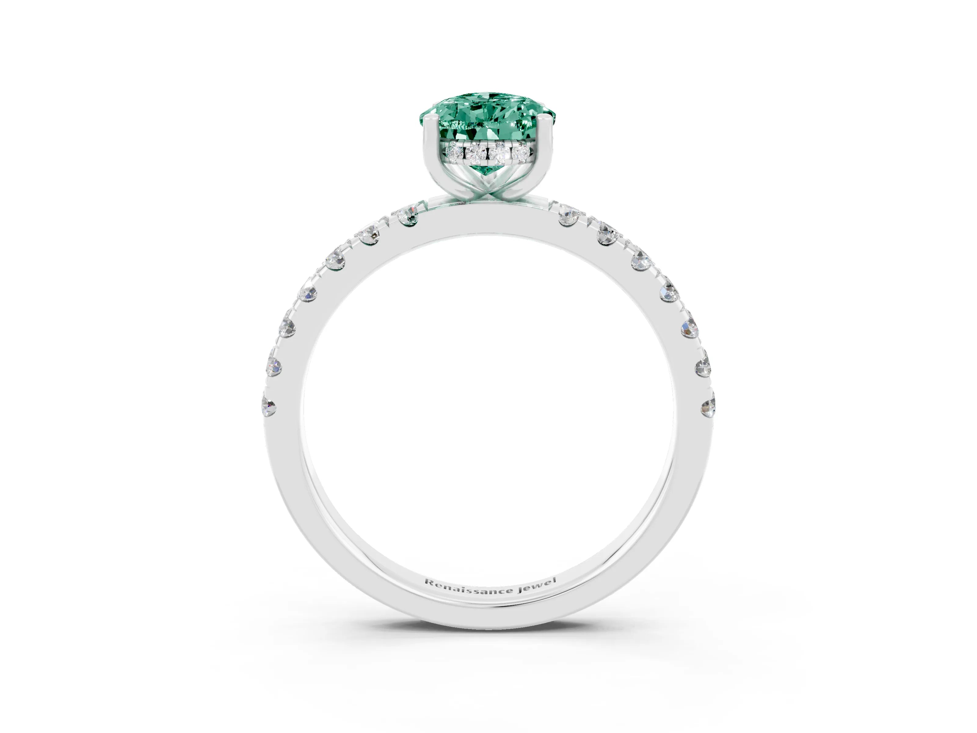 White gold Pear Cut Green Sapphire Pave Band Solitaire Ring with Four-Prong Setting_3