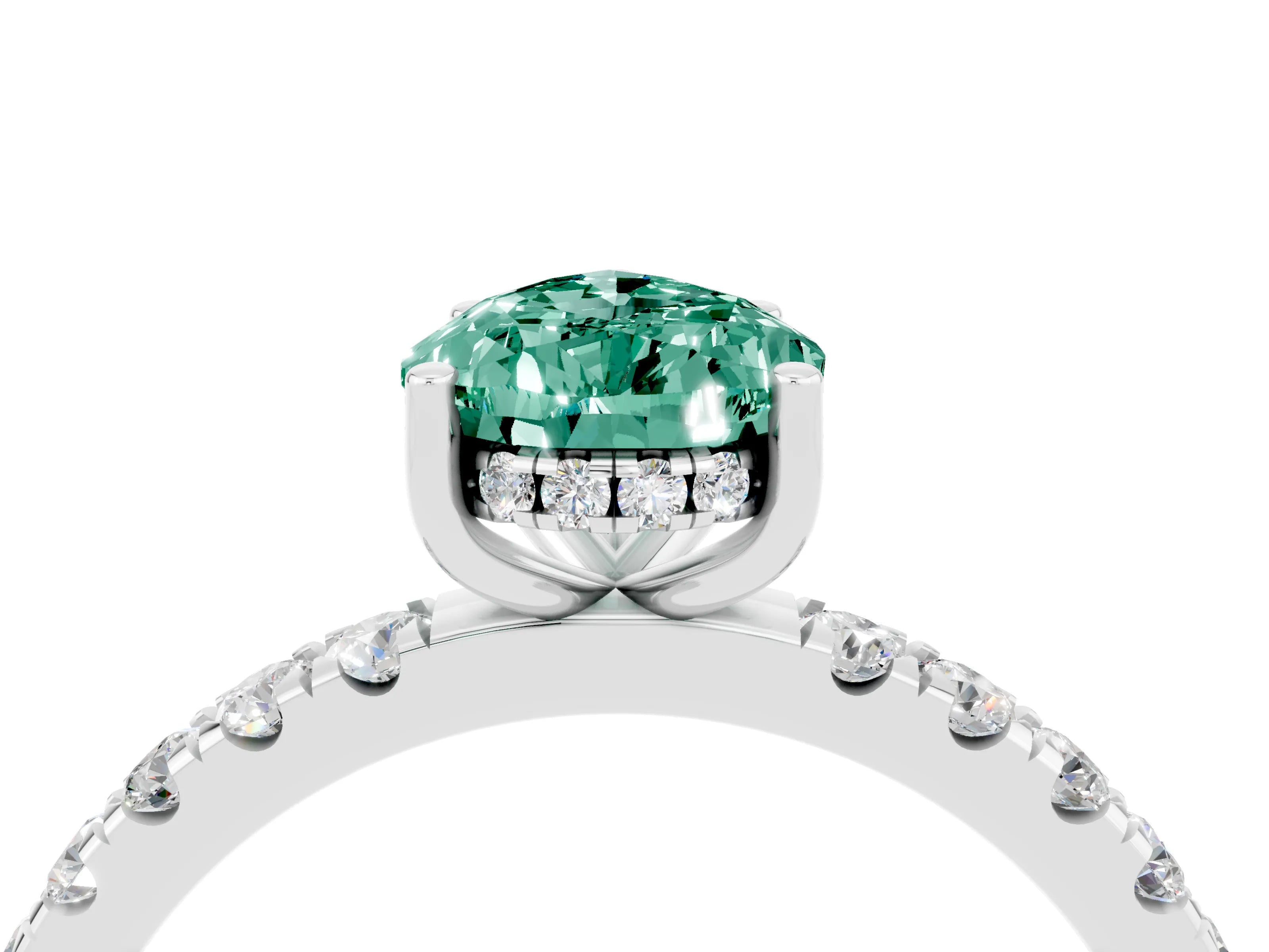 White gold Pear Cut Green Sapphire Pave Band Solitaire Ring with Four-Prong Setting_4