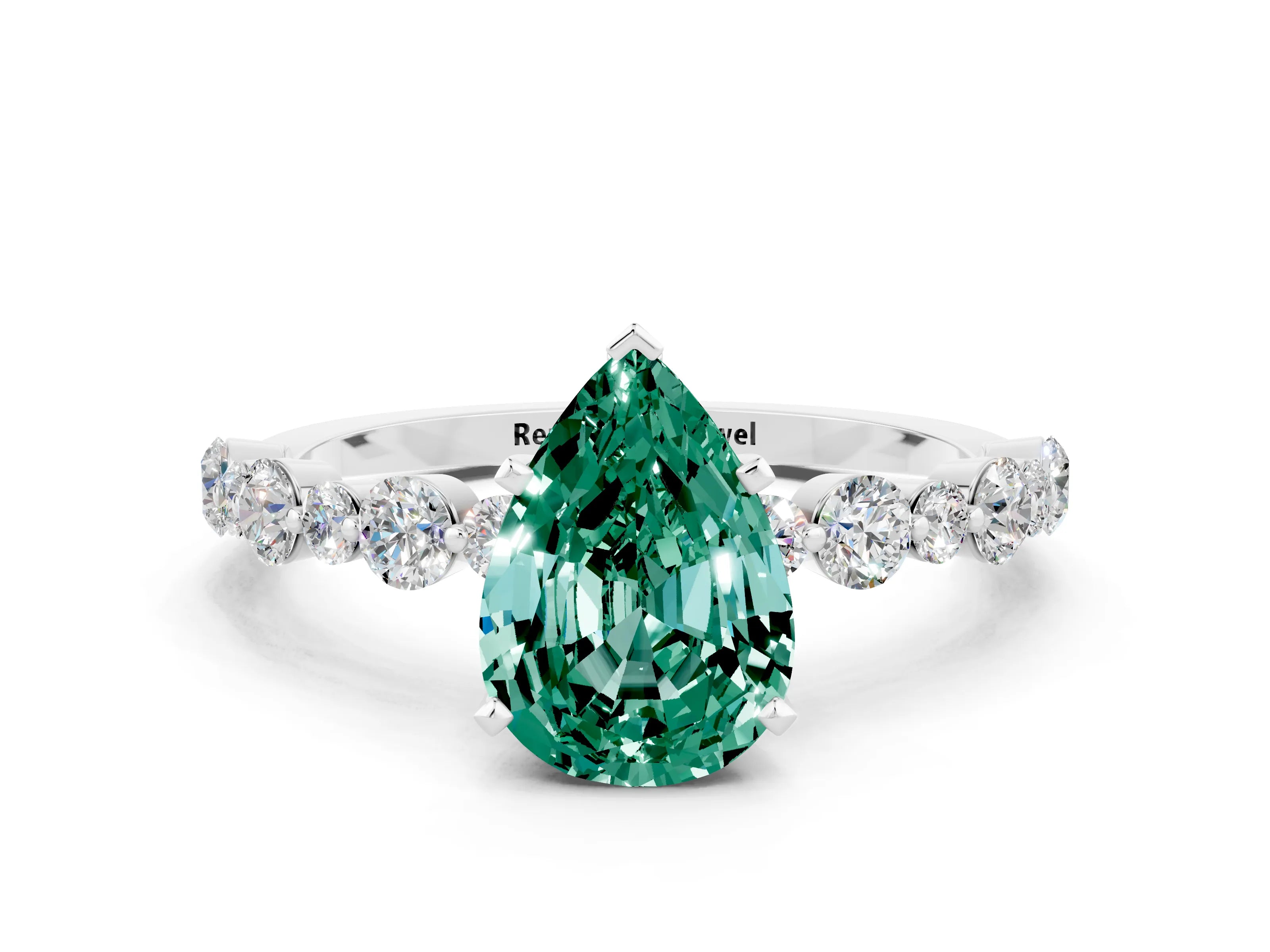 White gold Pear Cut Green Sapphire Prong Set Engagement Ring with Pavé Band