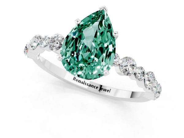 Platinum Pear Cut Green Sapphire Prong Set Engagement Ring with Pavé Band