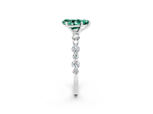 Platinum Pear Cut Green Sapphire Prong Set Engagement Ring with Pavé Band