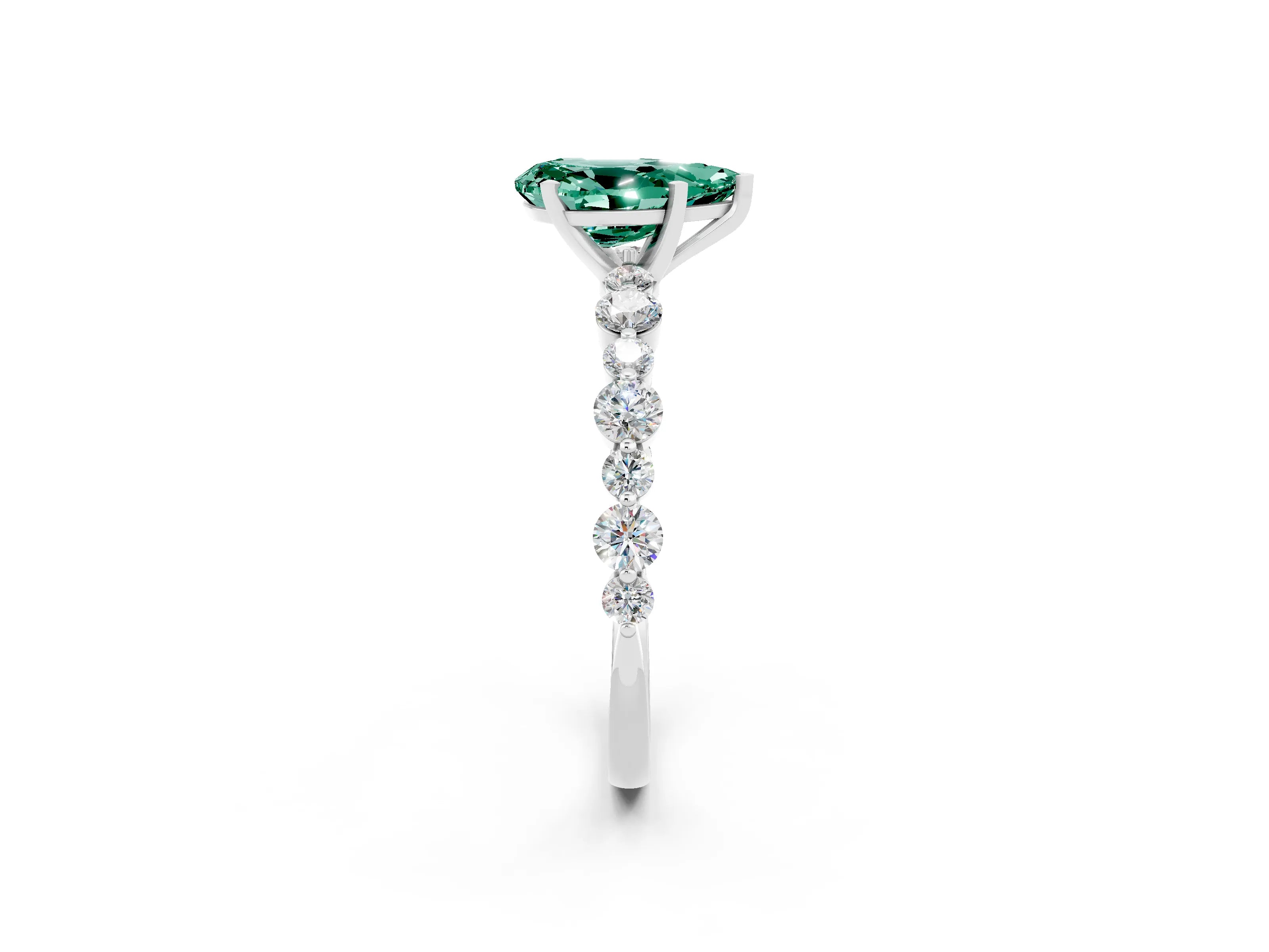 White gold Pear Cut Green Sapphire Prong Set Engagement Ring with Pavé Band_2