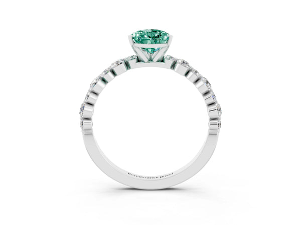 Platinum Pear Cut Green Sapphire Prong Set Engagement Ring with Pavé Band