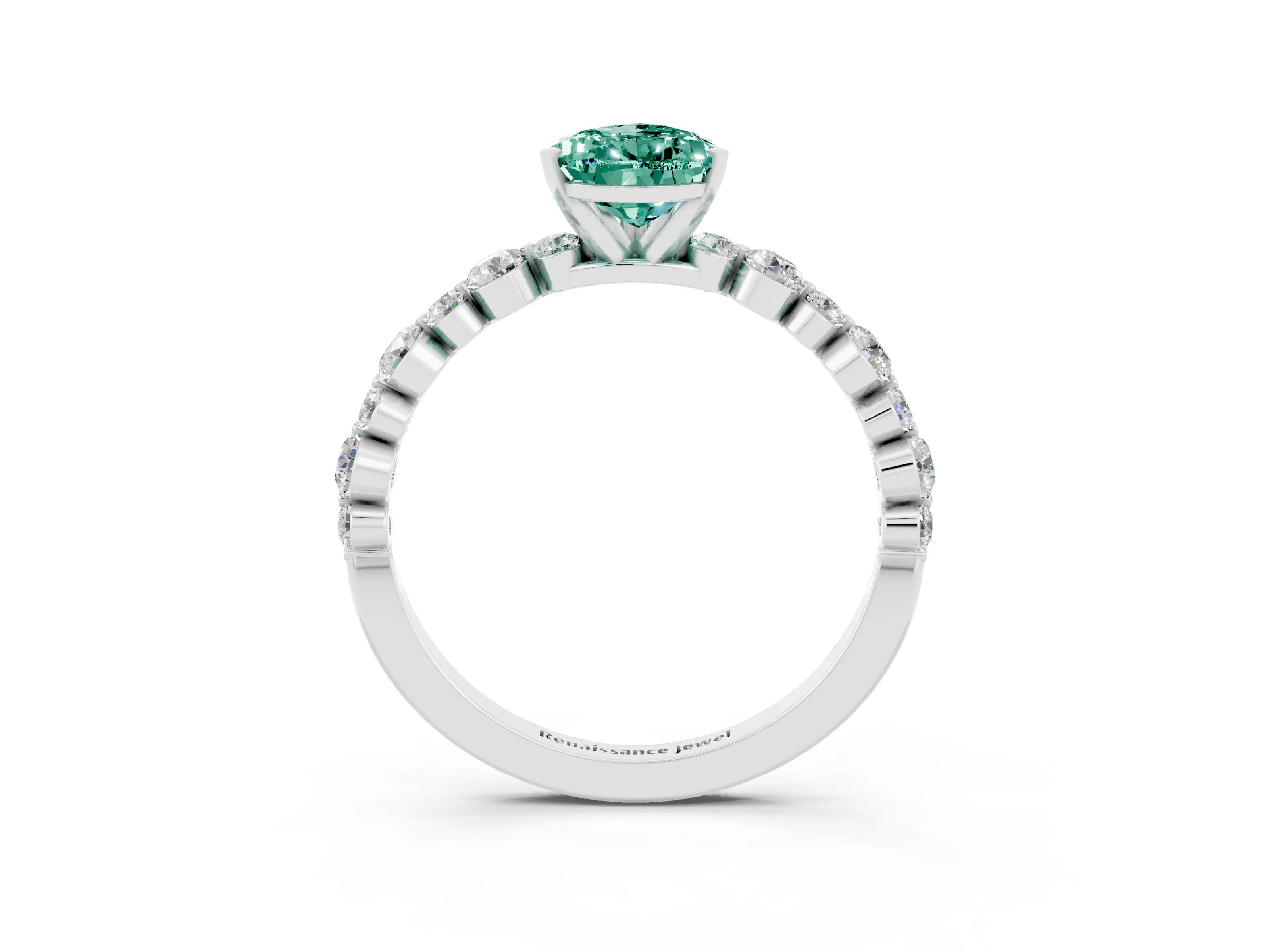 White gold Pear Cut Green Sapphire Prong Set Engagement Ring with Pavé Band_3