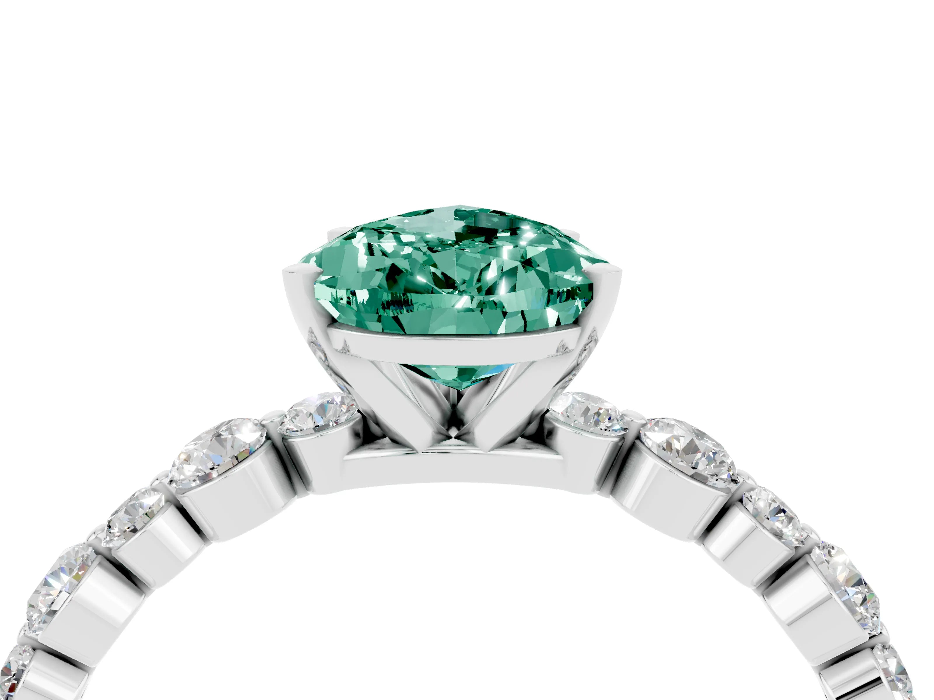 White gold Pear Cut Green Sapphire Prong Set Engagement Ring with Pavé Band_4