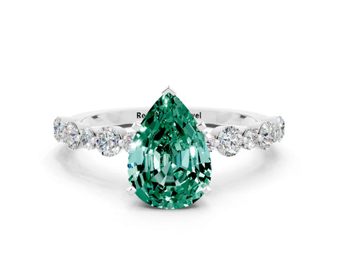 White gold Pear Cut Green Sapphire Prong Set Engagement Ring with Pavé Band