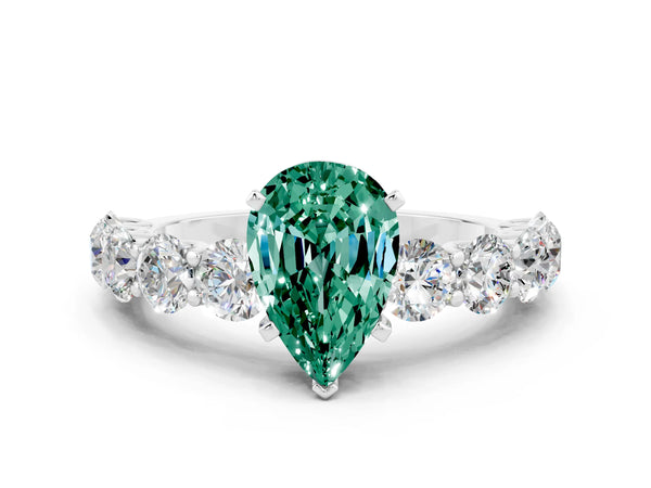 Platinum Pear Cut Green Sapphire Prong Setting with Side Stones on a Pave Band