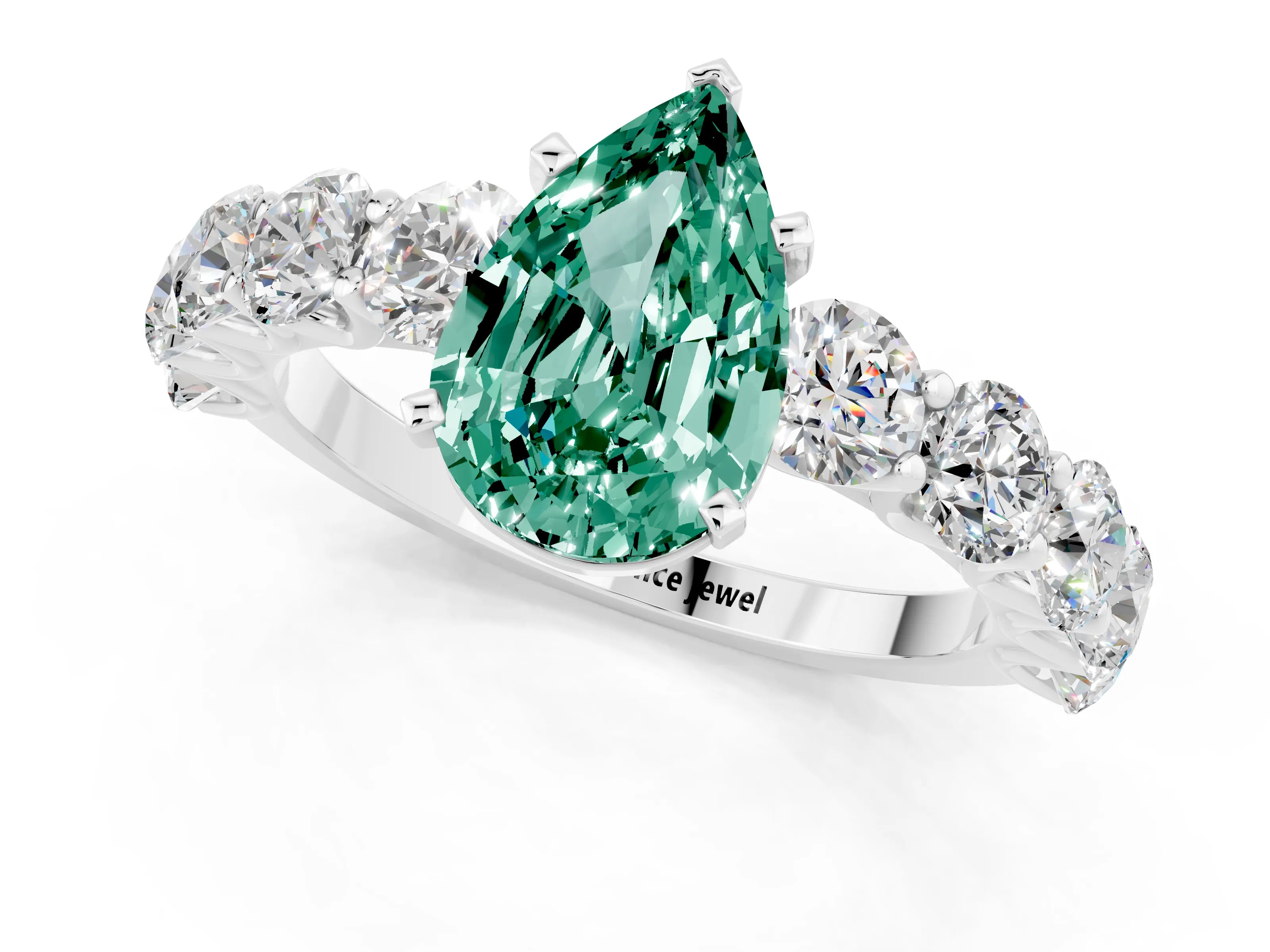 White gold Pear Cut Green Sapphire Prong Setting with Side Stones on a Pave Band_1