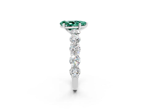 White gold Pear Cut Green Sapphire Prong Setting with Side Stones on a Pave Band_2