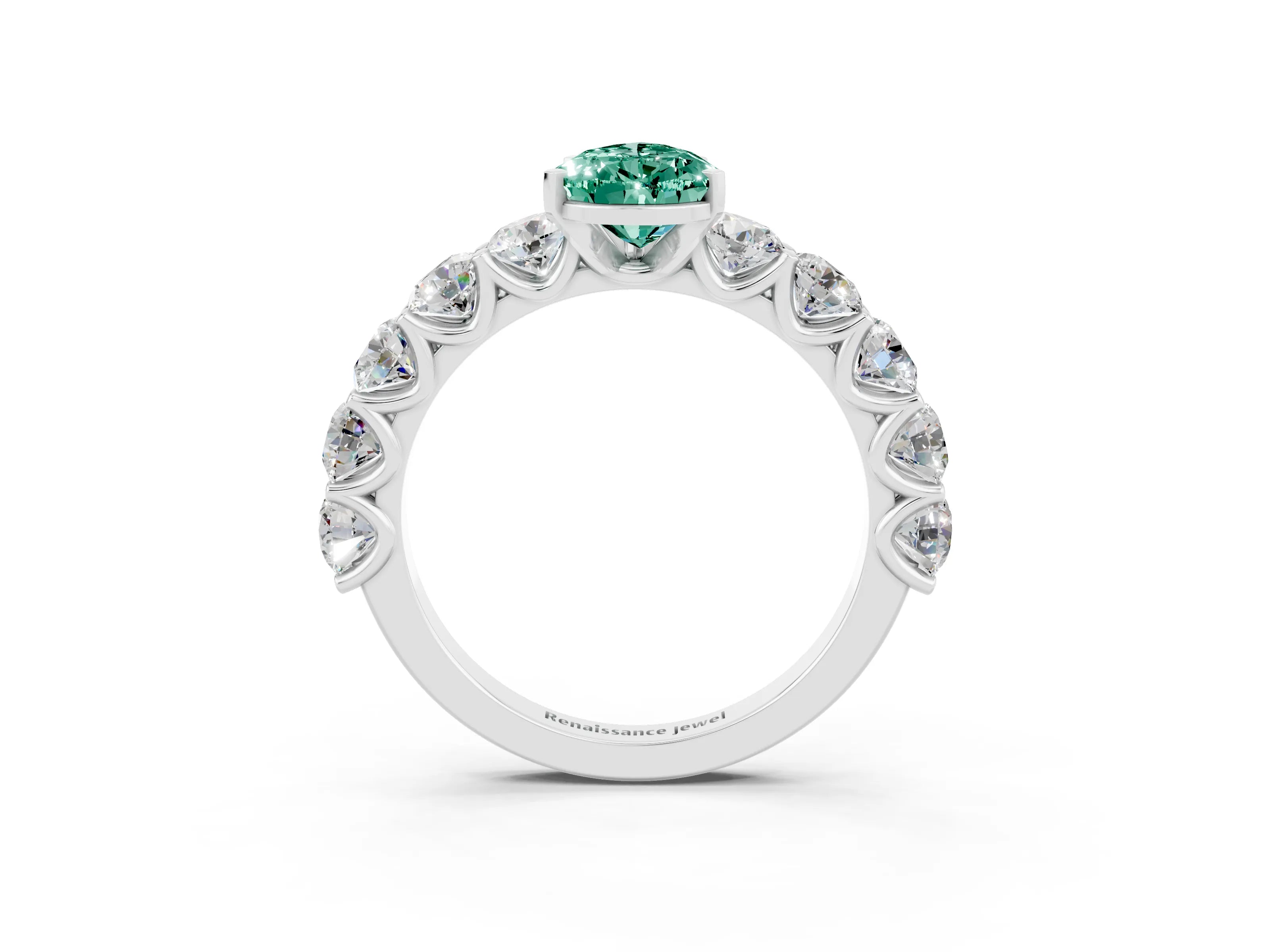 White gold Pear Cut Green Sapphire Prong Setting with Side Stones on a Pave Band_3