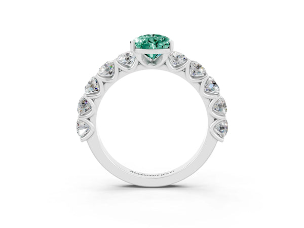 Silver Pear Cut Green Sapphire Prong Setting with Side Stones on a Pave Band