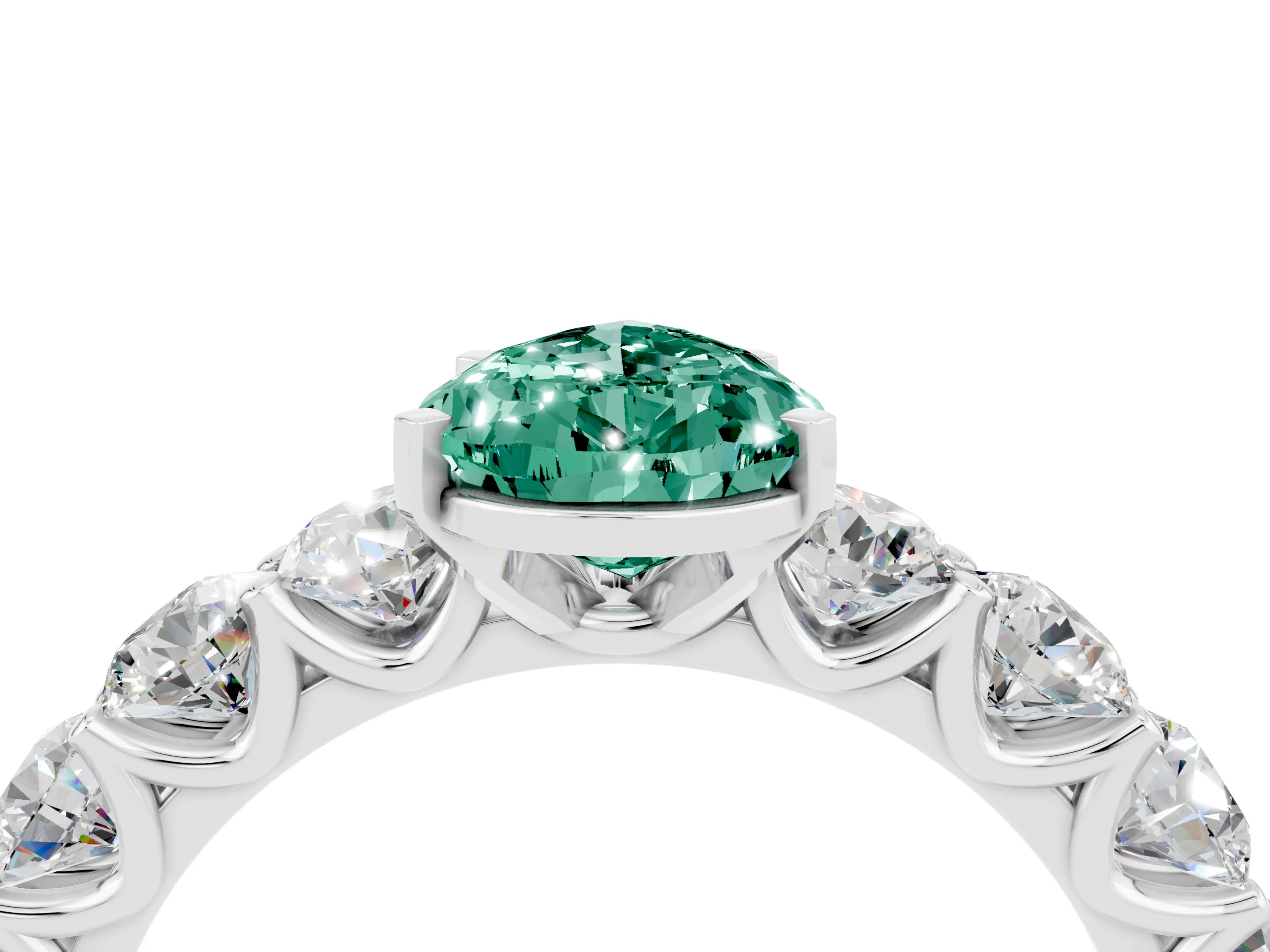 White gold Pear Cut Green Sapphire Prong Setting with Side Stones on a Pave Band_4