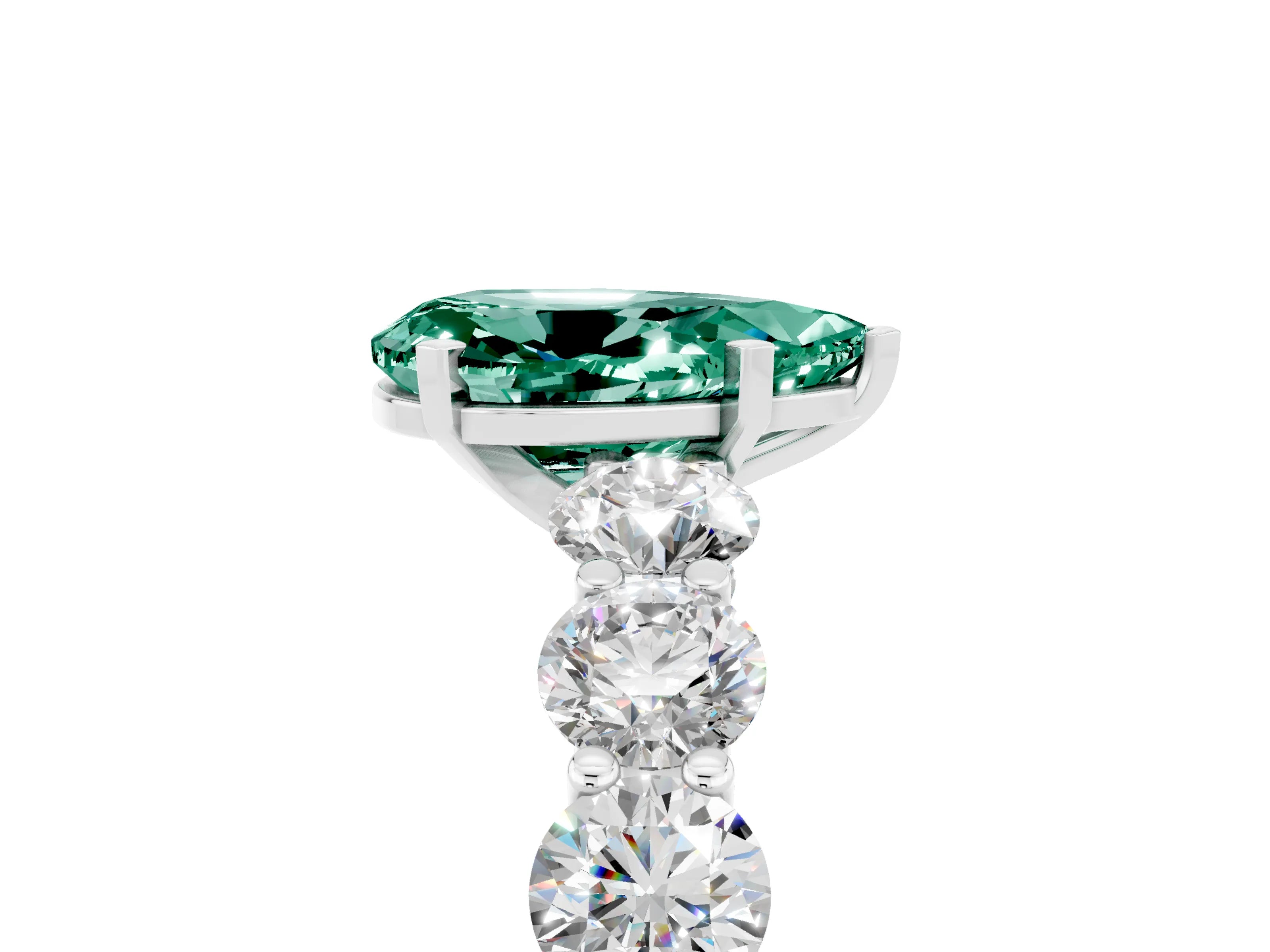 White gold Pear Cut Green Sapphire Prong Setting with Side Stones on a Pave Band_5