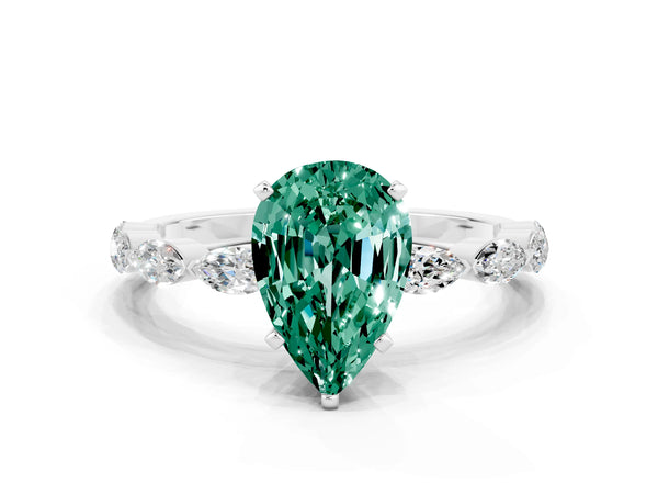 Platinum Pear Cut Green Sapphire Ring with Marquise Side Stones and Prong Setting