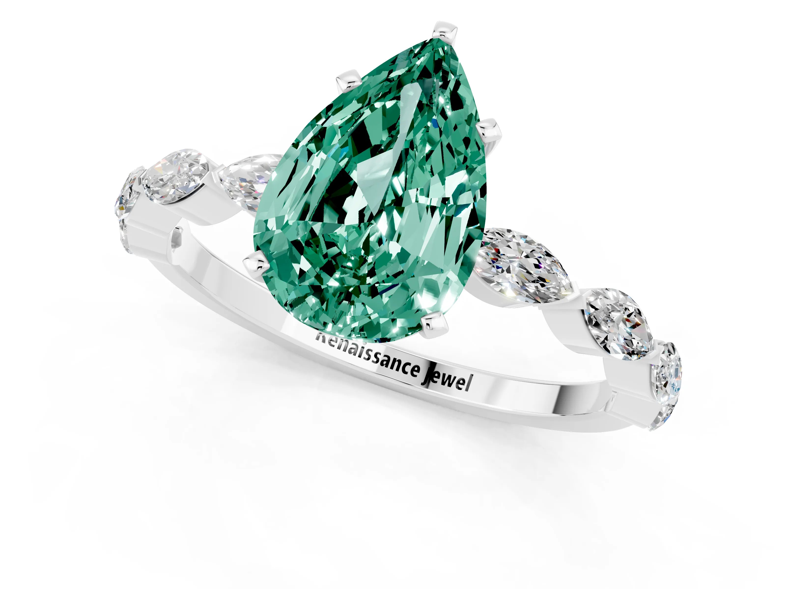 White gold Pear Cut Green Sapphire Ring with Marquise Side Stones and Prong Setting_1
