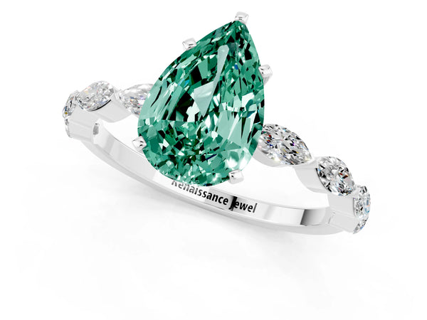 Platinum Pear Cut Green Sapphire Ring with Marquise Side Stones and Prong Setting