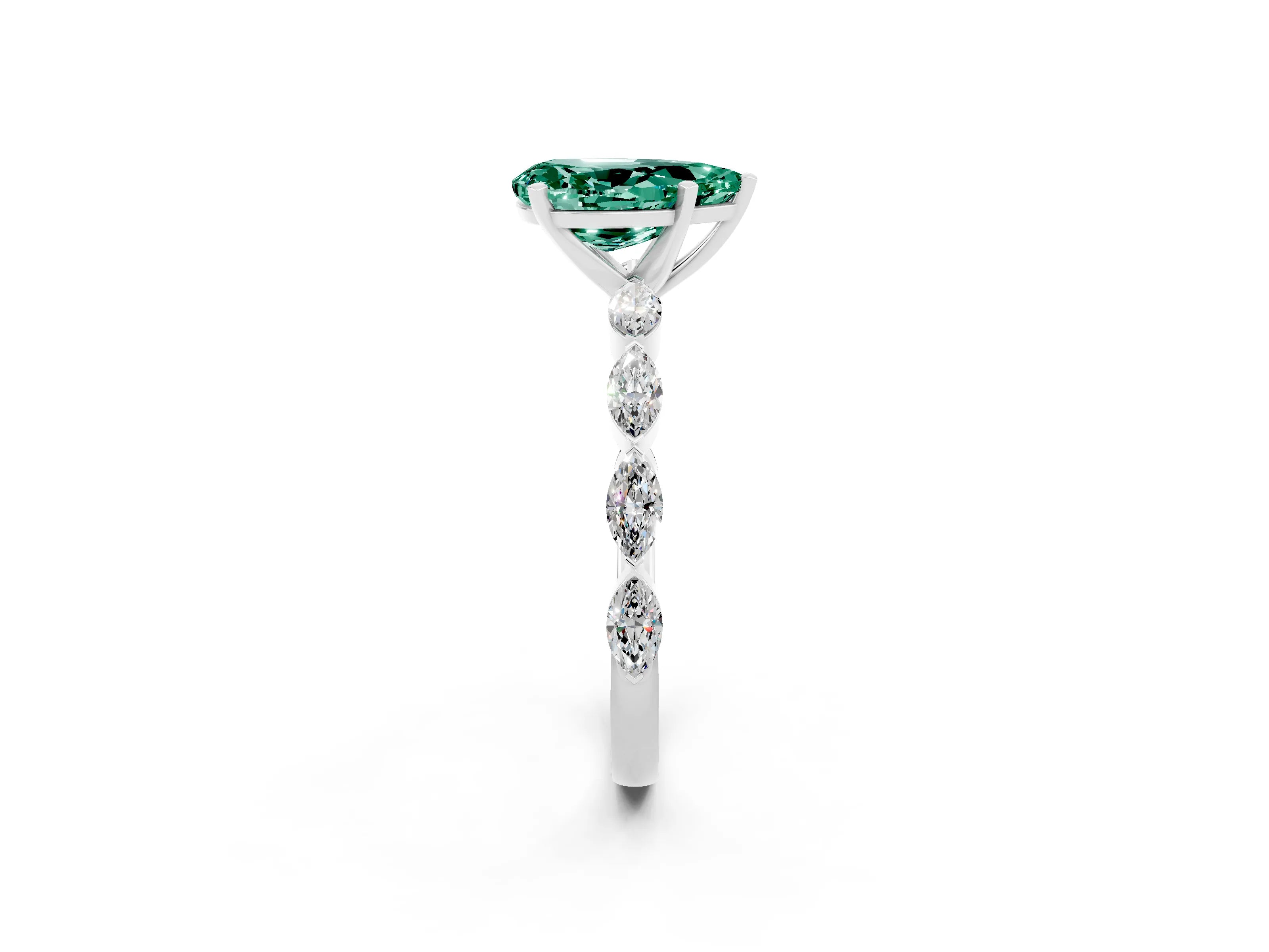 White gold Pear Cut Green Sapphire Ring with Marquise Side Stones and Prong Setting_2