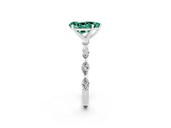 White gold Pear Cut Green Sapphire Ring with Marquise Side Stones and Prong Setting