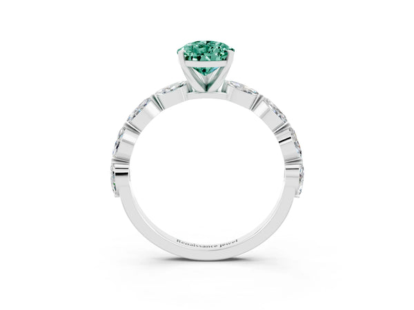 Platinum Pear Cut Green Sapphire Ring with Marquise Side Stones and Prong Setting