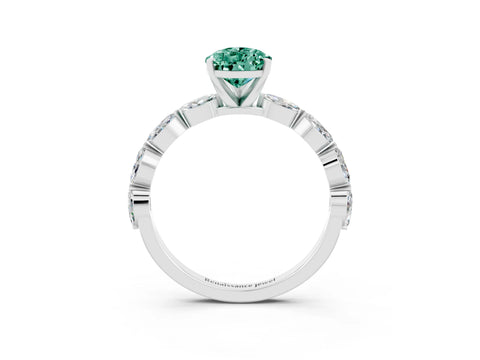 White gold Pear Cut Green Sapphire Ring with Marquise Side Stones and Prong Setting_3