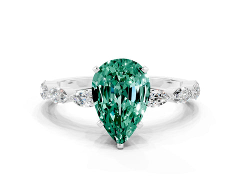 White gold Pear Cut Green Sapphire Ring with Marquise Side Stones and Prong Setting