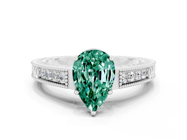 White gold Pear Cut Green Sapphire Ring with Milgrain Pavé Band and Four-Prong Setting