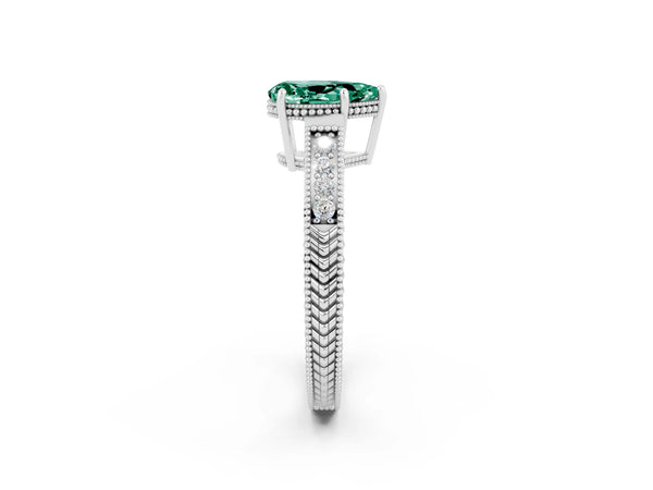 White gold Pear Cut Green Sapphire Ring with Milgrain Pavé Band and Four-Prong Setting