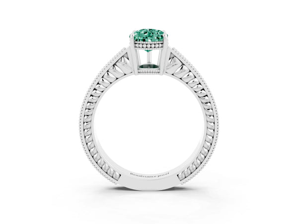 White gold Pear Cut Green Sapphire Ring with Milgrain Pavé Band and Four-Prong Setting