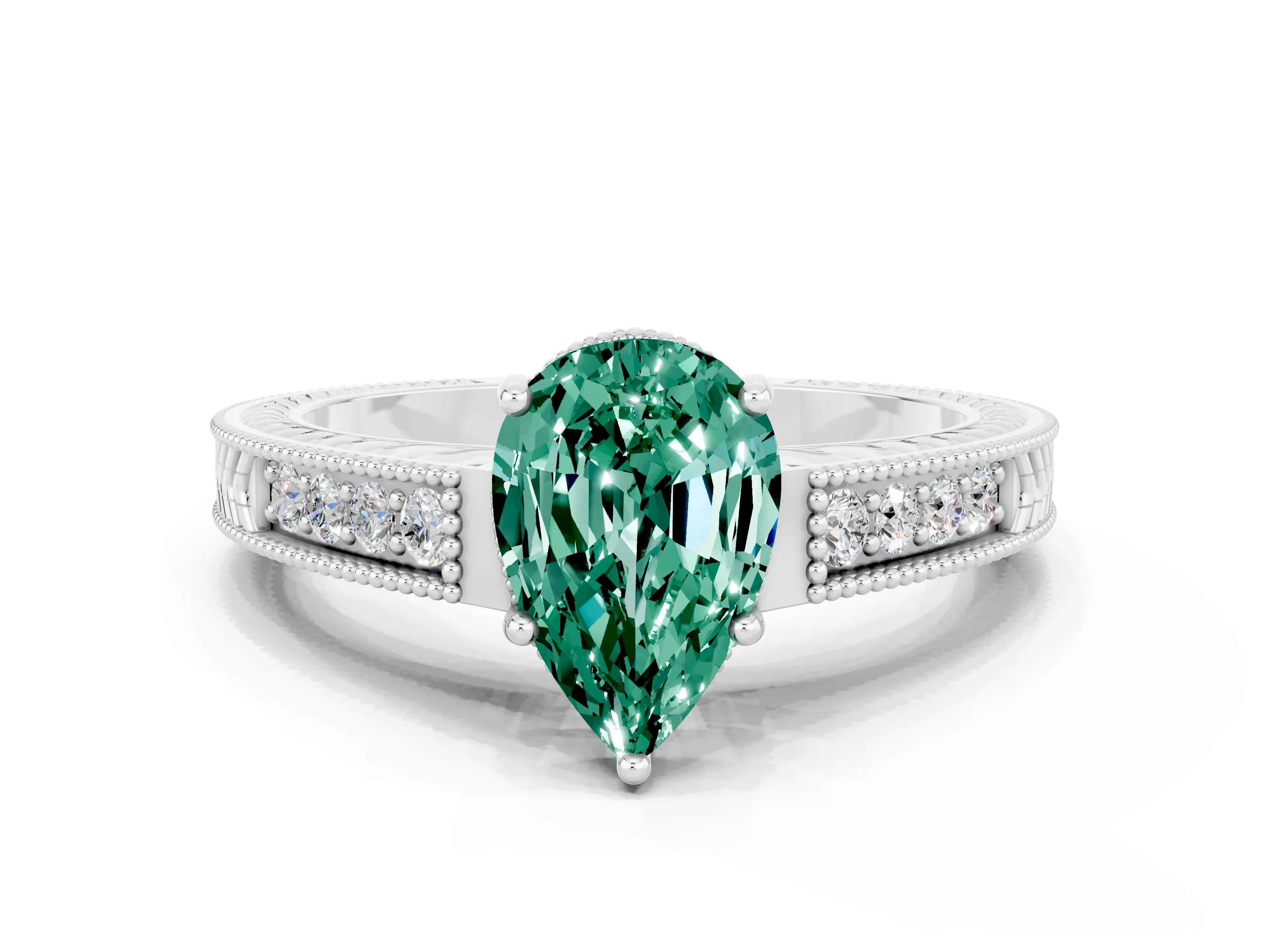 White gold Pear Cut Green Sapphire Ring with Milgrain Pavé Band and Four-Prong Setting_36