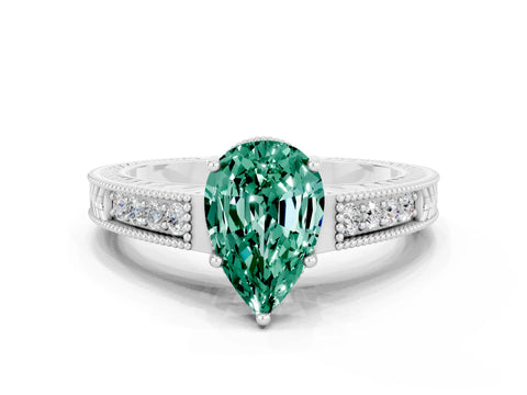 White gold Pear Cut Green Sapphire Ring with Milgrain Pavé Band and Four-Prong Setting_36
