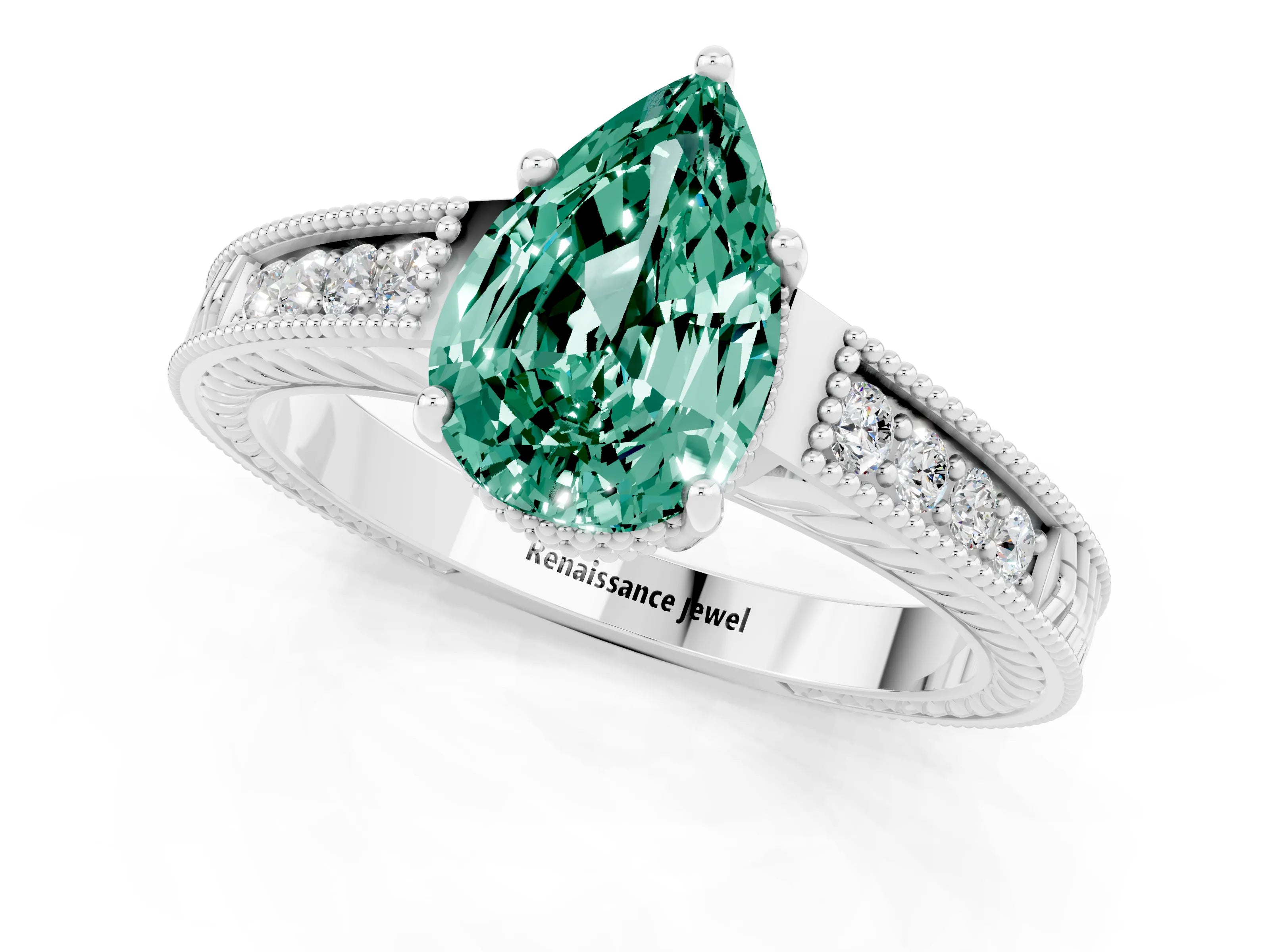 White gold Pear Cut Green Sapphire Ring with Milgrain Pavé Band and Four-Prong Setting_37