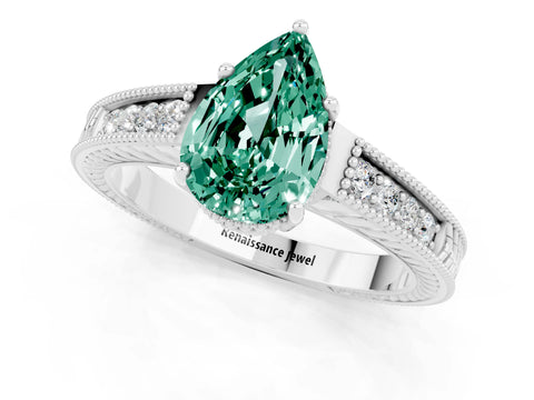 White gold Pear Cut Green Sapphire Ring with Milgrain Pavé Band and Four-Prong Setting_37