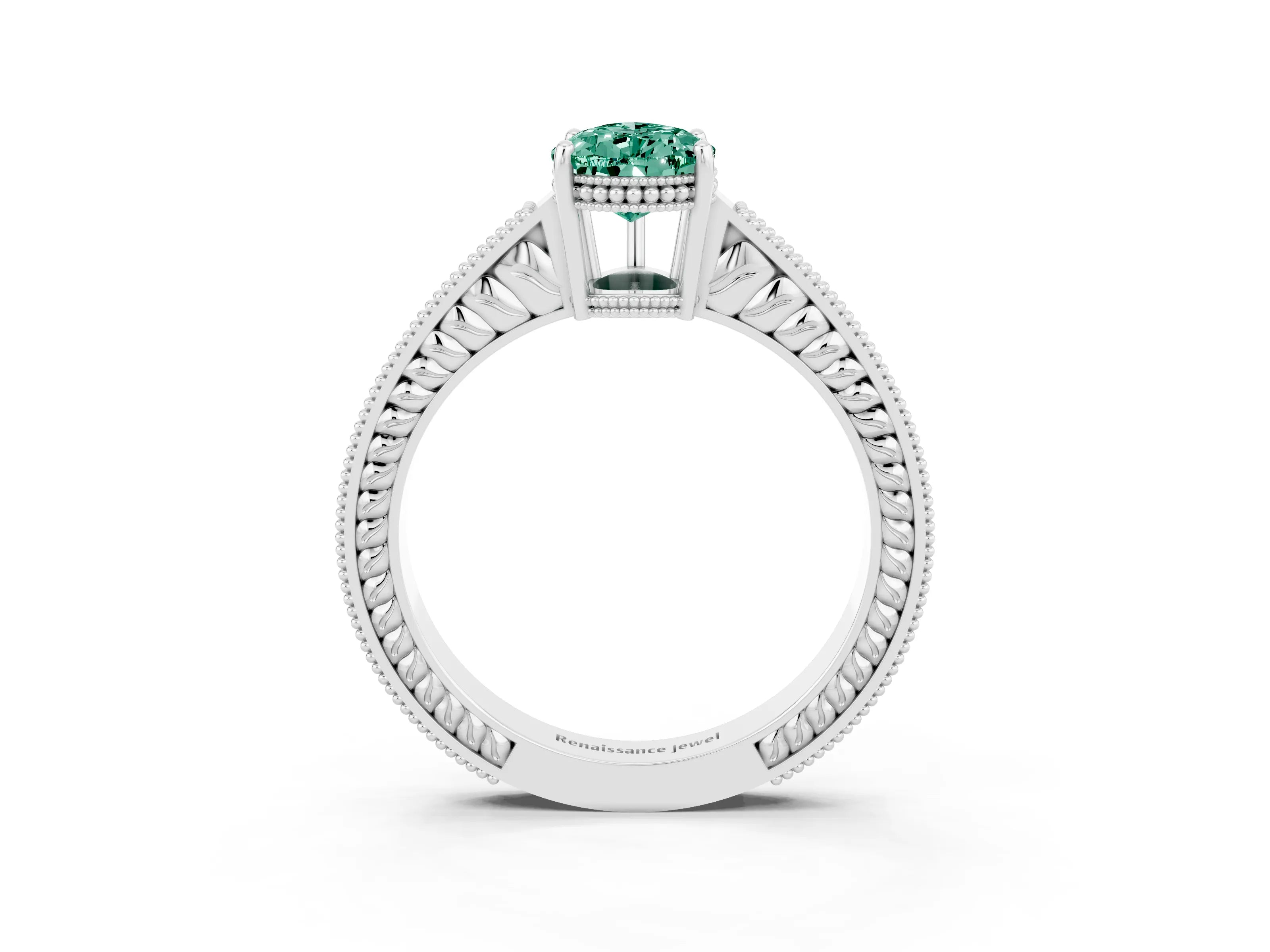 White gold Pear Cut Green Sapphire Ring with Milgrain Pavé Band and Four-Prong Setting_39
