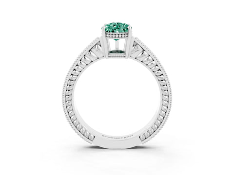 White gold Pear Cut Green Sapphire Ring with Milgrain Pavé Band and Four-Prong Setting_39
